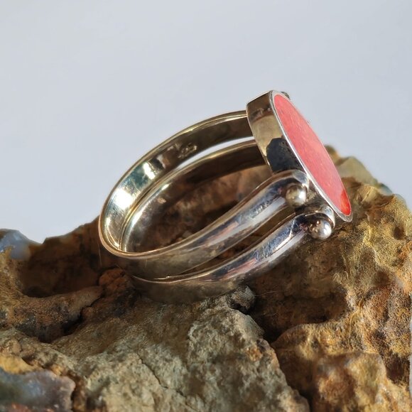 Sterling Silver Reversible Inlay Set Oval Red Coral & Turquoise Ring Size 7.75 - Picture 7 of 15